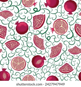 Pomegranate pattern, Happy and sweet New Year Shana Tova with pomegranates and seeds on pomegranate pattern