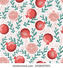Pomegranate pattern, Happy and sweet New Year Shana Tova with pomegranates and seeds on pomegranate pattern