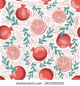 Pomegranate pattern, Happy and sweet New Year Shana Tova with pomegranates and seeds on pomegranate pattern