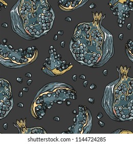 Pomegranate pattern on grey background. Greate for food product design, cosmetics, eco goods!