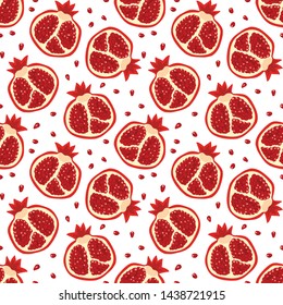 Pomegranate pattern on white background. Sliced pomegranates with fruit seeds seamless pattern. Hand drawn seamless texture pomegranate fruit pattern. 