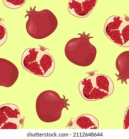 Pomegranate pattern on a yellow background. Whole pomegranate and halves. Illustration for printing on fabric, napkins, wallpaper.