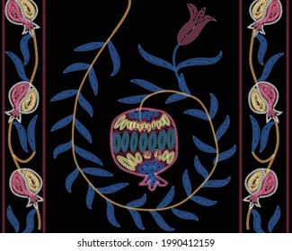 Pomegranate pattern - one of the popular suzani patterns, embroidery textile product in Uzbekistan, Central Asia. Using in home decor.