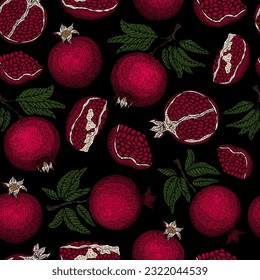 Pomegranate pattern. Pomegranate plant branch with fruits. Vintage Pomegranates illustration. Hand drawn ink style fruit background. Pomegranate tree, ripe fruit. Rosh hashanah print. Textile, fabric 