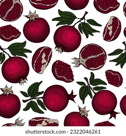 Pomegranate pattern. Pomegranate plant branch with fruits. Vintage Pomegranates illustration. Hand drawn ink style fruit background. Pomegranate tree, ripe fruit. Rosh hashanah print. Textile, fabric 