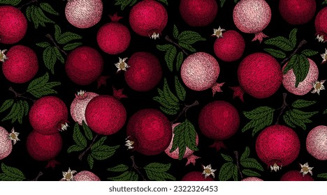 Pomegranate pattern. Pomegranate plant branch with fruits. Vintage Pomegranates illustration. Hand drawn ink style fruit background. Pomegranate tree, ripe fruit. Rosh hashanah print. Textile, fabric 