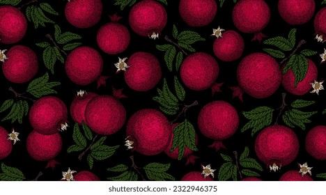 Pomegranate pattern. Pomegranate plant branch with fruits. Vintage Pomegranates illustration. Hand drawn ink style fruit background. Pomegranate tree, ripe fruit. Rosh hashanah print. Textile, fabric 