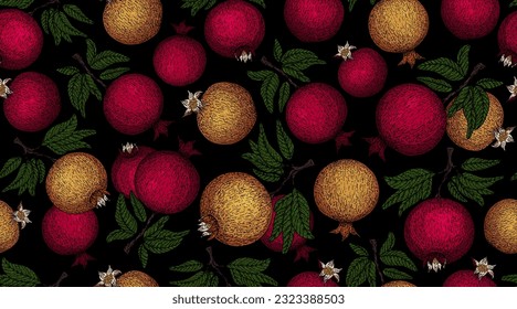 Pomegranate pattern. Pomegranate plant branch with fruits. Vintage Pomegranates illustration. Hand drawn ink style fruit background. Pomegranate tree, ripe fruit. Rosh hashanah print. Textile, fabric 