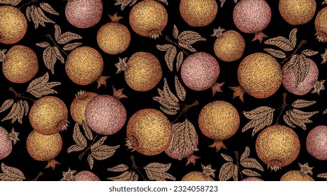 Pomegranate pattern. Pomegranate plant branch with fruits. Vintage Pomegranates illustration. Hand drawn ink style fruit background. Pomegranate tree, ripe fruit. Rosh hashanah print. Textile, fabric 