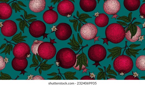 Pomegranate pattern. Pomegranate plant branch with fruits. Vintage Pomegranates illustration. Hand drawn ink style fruit background. Pomegranate tree, ripe fruit. Rosh hashanah print. Textile, fabric 