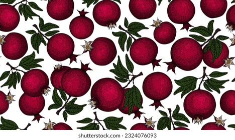 Pomegranate pattern. Pomegranate plant branch with fruits. Vintage Pomegranates illustration. Hand drawn ink style fruit background. Pomegranate tree, ripe fruit. Rosh hashanah print. Textile, fabric 