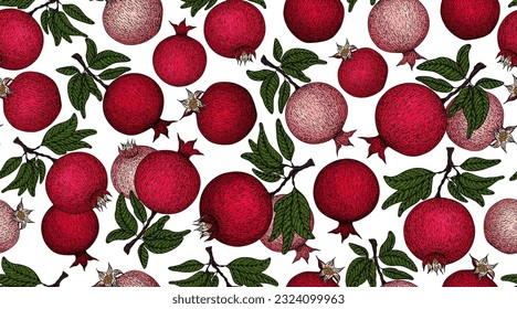 Pomegranate pattern. Pomegranate plant branch with fruits. Vintage Pomegranates illustration. Hand drawn ink style fruit background. Pomegranate tree, ripe fruit. Rosh hashanah print. Textile, fabric 