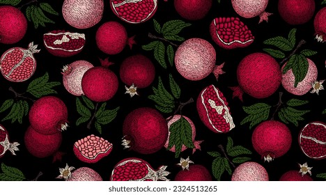 Pomegranate pattern. Pomegranate plant branch with fruits. Vintage Pomegranates illustration. Hand drawn ink style fruit background. Pomegranate tree, ripe fruit. Rosh hashanah print. Textile, fabric 