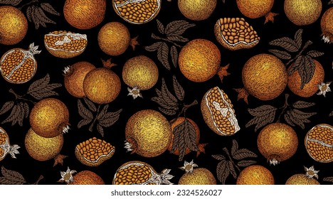 Pomegranate pattern. Pomegranate plant branch with fruits. Vintage Pomegranates illustration. Hand drawn ink style fruit background. Pomegranate tree, ripe fruit. Rosh hashanah print. Textile, fabric 