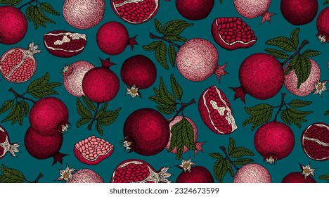 Pomegranate pattern. Pomegranate plant branch with fruits. Vintage Pomegranates illustration. Hand drawn ink style fruit background. Pomegranate tree, ripe fruit. Rosh hashanah print. Textile, fabric 