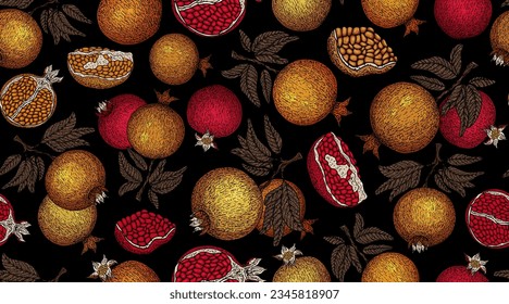 Pomegranate pattern. Pomegranate plant branch with fruits. Vintage Pomegranates illustration. Hand drawn ink style fruit background. Pomegranate tree, ripe fruit. Rosh hashanah print. Textile, fabric