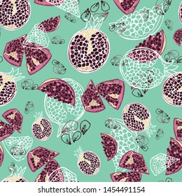 Pomegranate pattern print. Exotic fruit vector seamless background design.