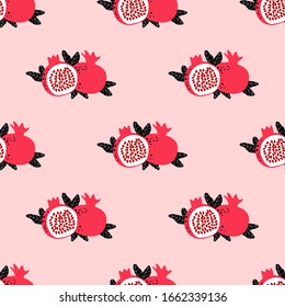 Pomegranate pattern. Seamless design with whole and half fruit and leaves. Simple cute illustration in cartoon flat style. Vector wallpaper. 