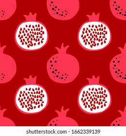 Pomegranate pattern. Seamless design with whole and half fruit. Simple cute illustration in cartoon flat style. Vector wallpaper. 