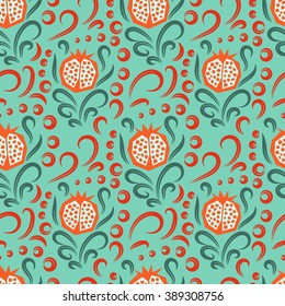 Pomegranate pattern. Seamless garnet fruit with floral swirls vector green and orange ornament.