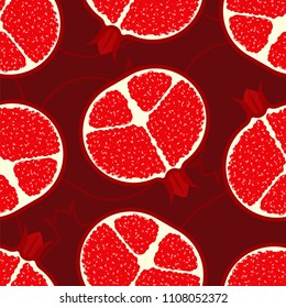 Pomegranate pattern seamless. Red fresh juicy fruit background. Vector illustration