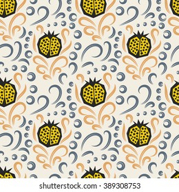 Pomegranate pattern. Seamless yellow and beige garnet fruit with floral swirls vector ornament.
