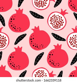 Pomegranate pattern with whole and half fruits and leaves. Seamless design great for home decor fabric; kitchen cloth and scrapbook digital paper. Simple cute illustration in cartoon flat style. 