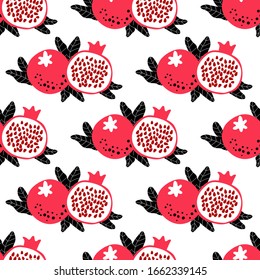 Pomegranate pattern with whole and half fruits and leaves. Seamless design great for home decor fabric; kitchen cloth and scrapbook digital paper. Simple cute illustration in cartoon flat style. 