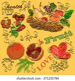 Pomegranate, pear, grapes, flowers, fruit basket, graphic design, Handmade picture, vector illustration, set of fruits on an orange background