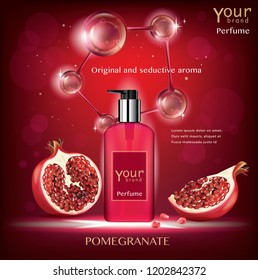 Pomegranate perfume ads, attractive fruit ingredients with cosmetic package on a red background with flying fruit elements, 3d illustration.