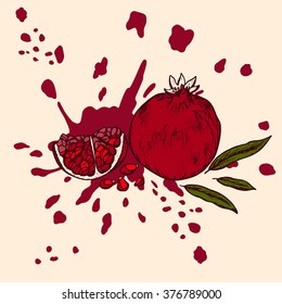 a pomegranate piece with pomegranate seeds and leaves of pomegranate
