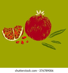 a pomegranate piece with pomegranate seeds and leaves of pomegranate