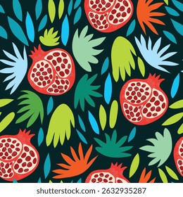pomegranate pieces with colorful leaves on dark blue background seamless pattern. Pomegranate with abstract colorful tropical leaves floral seamless pattern. It is suitable for decorations, textile.