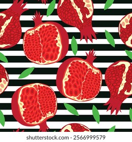 pomegranate pieces cool red with green leaves and black and white stripes seamless pattern. pomegranate striped seamless pattern. It is suitable for fabric, tiles, textile, decorations and more.