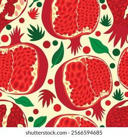 pomegranate pieces with leaves and polka dots seamless pattern. pomegranate foliage juicy fruit seamless pattern. It is good for fabric, textile, decoration and more.