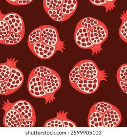 pomegranate pieces seamless pattern. Large pieces of pomegranate scattered on red background seamless pattern. It is suitable for tiles, decorations, fabric, textiles and more.
