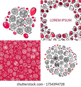 Pomegranate pink color decoration elements set. Garnet pomegranates doodle fruits, frame, border. Hand drawn. Seamless bicolor pattern. Israel symbol. 