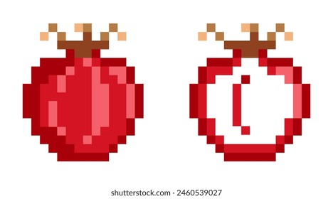 Pomegranate pixel icons Vector illustration on isolated background. Minimalistic 8-bit icon in retro style. Ideal for use in retro games, food labels, juice labels, kids products, or healthy lifesty

