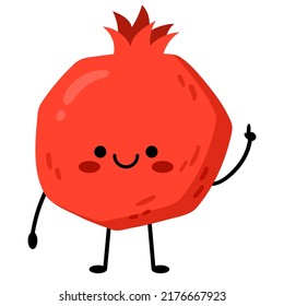 The pomegranate points the finger upward. Cute cartoon character red pomegranate fruit. Vector illustration, isolated on white background