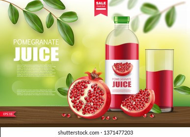 Pomegranate realistic, pomegranate juice package vector