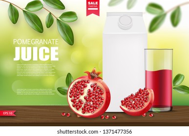 Pomegranate realistic, pomegranate juice package vector