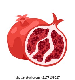 Pomegranate, red sweet summer fruit vector illustration. Cartoon isolated whole ripe pomegranate and cut in half, exotic fresh ruby garnet product, juicy natural ingredient for smoothie and juice