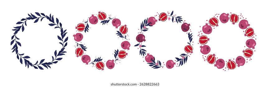 Pomegranate round frame set. Round frames with red purple pomegranates, blue tree branches, fruits isolated frames with copy space. Summer Background with fruits for menu, banner, label, invitation.