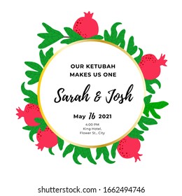 Pomegranate round template for wedding invitation. Botanical wreath background. Circle frame for Jewish traditional celebration. Red fruit and green leaves drawing. Vector illustration