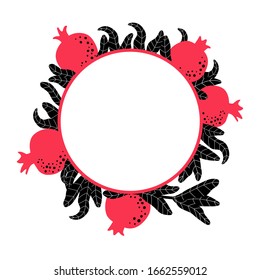 Pomegranate round template for wedding invitation. Botanical wreath background. Circle frame for Jewish traditional celebration. Red fruit and leaves drawing. Vector illustration