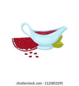 Pomegranate sauce in ceramic sauceboat vector Illustration on a white background