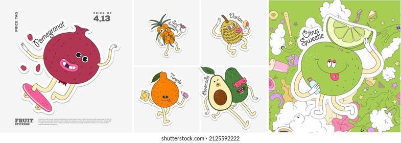 Pomegranate, Sea buckthorn, Durian, Tangelo, Avocado, Sweetie. Fruit. Set of vector stickers. Funny characters in doodle style. Hand-drawn cartoon icons with stroke.