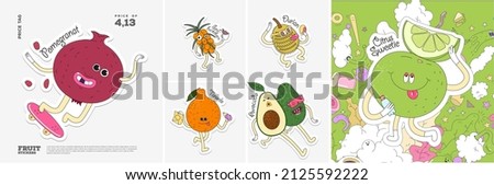 Pomegranate, Sea buckthorn, Durian, Tangelo, Avocado, Sweetie. Fruit. Set of vector stickers. Funny characters in doodle style. Hand-drawn cartoon icons with stroke.