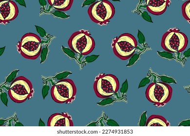 Pomegranate. Seamless pattern. abstract stylized drawing with black lines and colored spots. hand drawn sketch. Vector illustration on blue background.