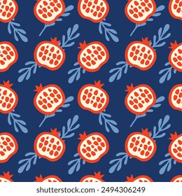Pomegranate seamless pattern. Blue and red colors. Vector illustration with bright fruits.